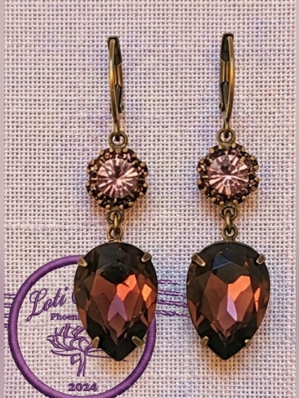 RESTOCKING:Large Red Burgundy & Pink Flower Swarovski Crystals In Brass Earrings